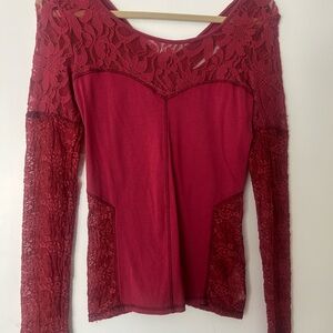 Free People Burgundy Lace Long Sleeve Blouse